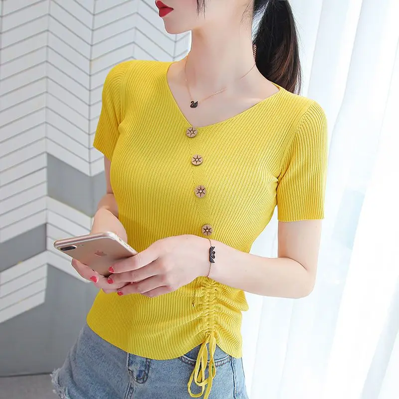 Ice Silk V-neck Drawstring Short Sleeve T-shirt for Women's Summer New Slim Lacing Button Knitting Tops Elegant Fashion Clothing