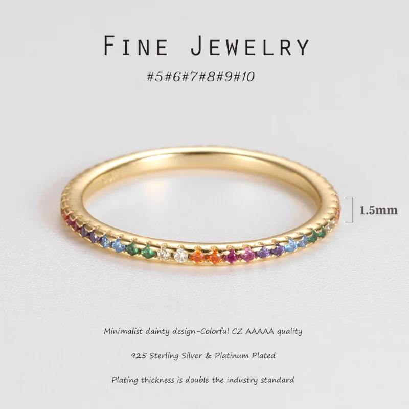 14 Colors Rainbow Ring Sterling Silver 925 Colorful CZ Stone Thin Finger Rings Stackable for Women Gold Color Plated Jewelry #12