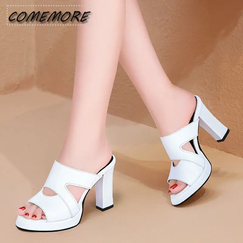 New 2023 High Heels Slippers Women Platform Shoes Summer Block Heel Leather PU Slides Ladies Office Casual Fashion Plus Size 43