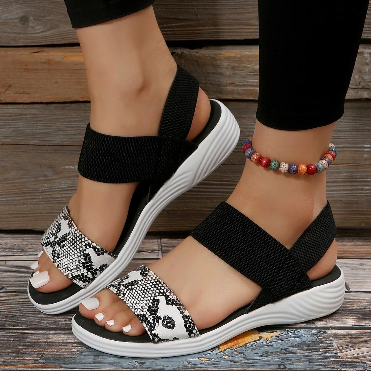 

Women's leisure sandals 2025 summer flat wedge fish mouth elastic cross-border foreign trade large size sandals women's shoes