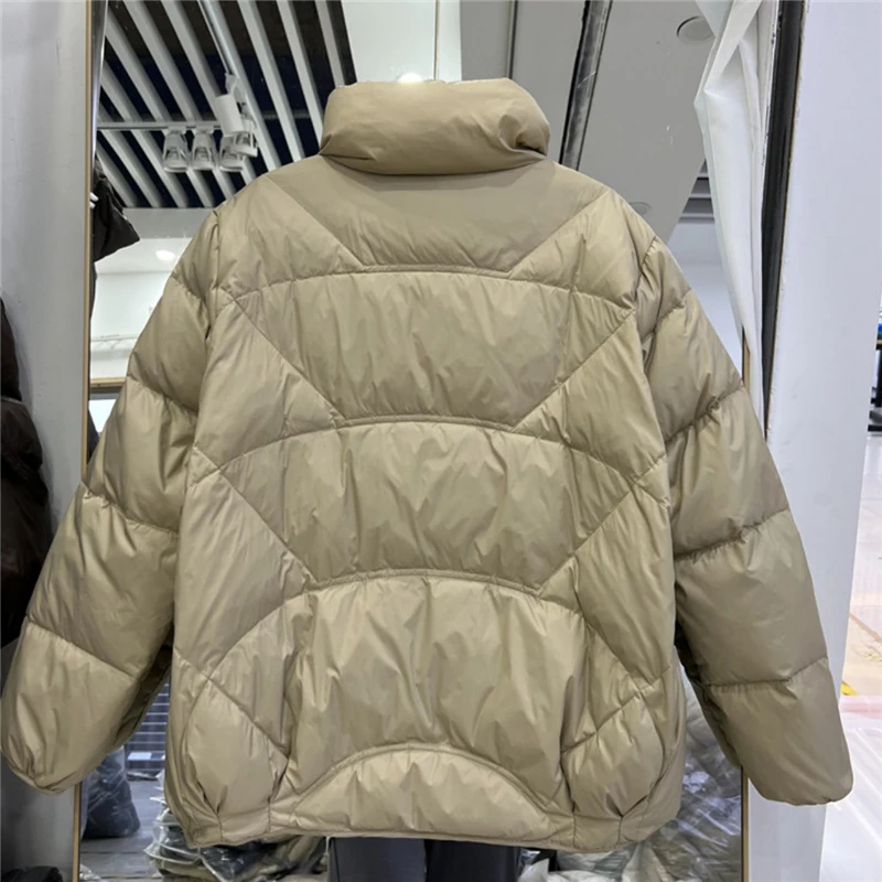 2022 Winter Autumn Loose Padded Zipper Solid Color Jacket Stand Collar Casual All Match Warm White Duck Down Coat For Women