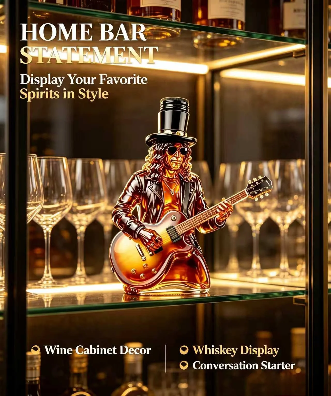 Novelty Musician Guitar Shape Glass Liquor Bottle, Handcrafted Whiskey Decanter Home Bar Tabletop Decoration Gift