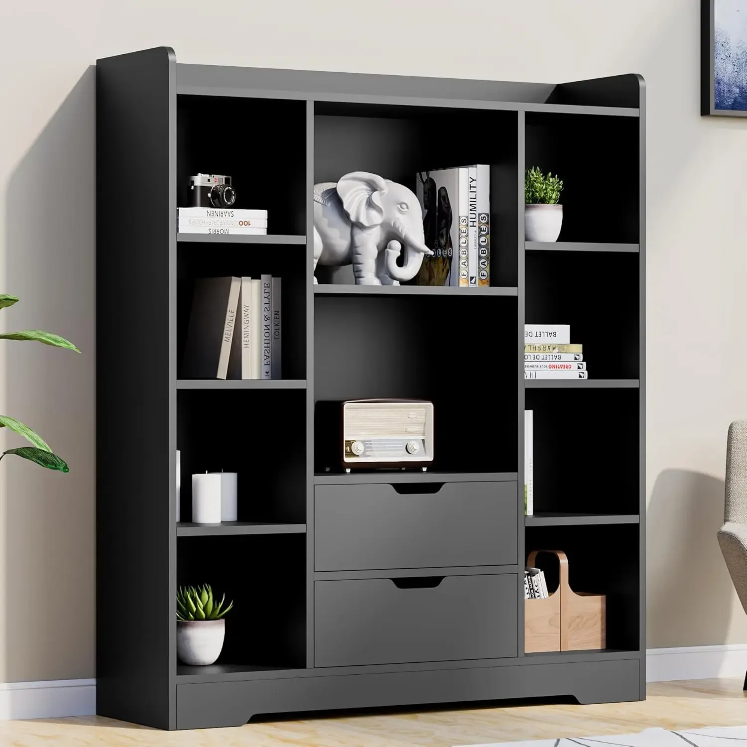 Black Bookshelf - 4-Tier Open Bookcase with 2 Drawers and 10 Cubes, Wood Storage Organizer for Bedroom,  (39.4