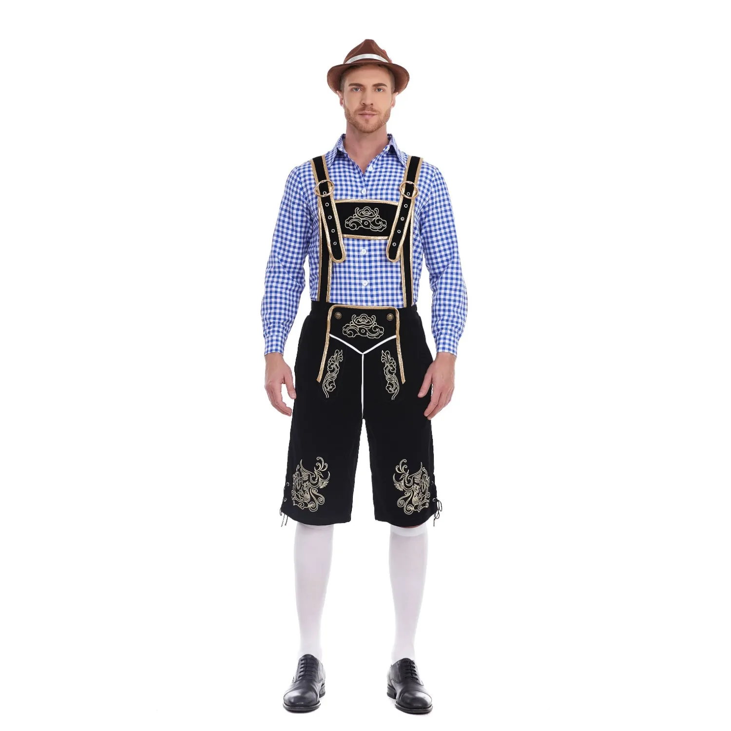 3ชิ้น/เซ็ตเครื่องแต่งกายชาวเยอรมัน Oktoberfest ผู้ใหญ่ผู้ชายแบบดั้งเดิมบาวาเรียสายเอี๊ยมกางเกงขาสั้นหมวกชุดฮาโลวีน