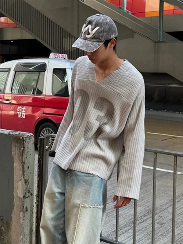 

Retro American Streetwear V-Ne Sweater ex Loose Long Sve Knittedwear Breathable Casual Faion Print Men's Women's