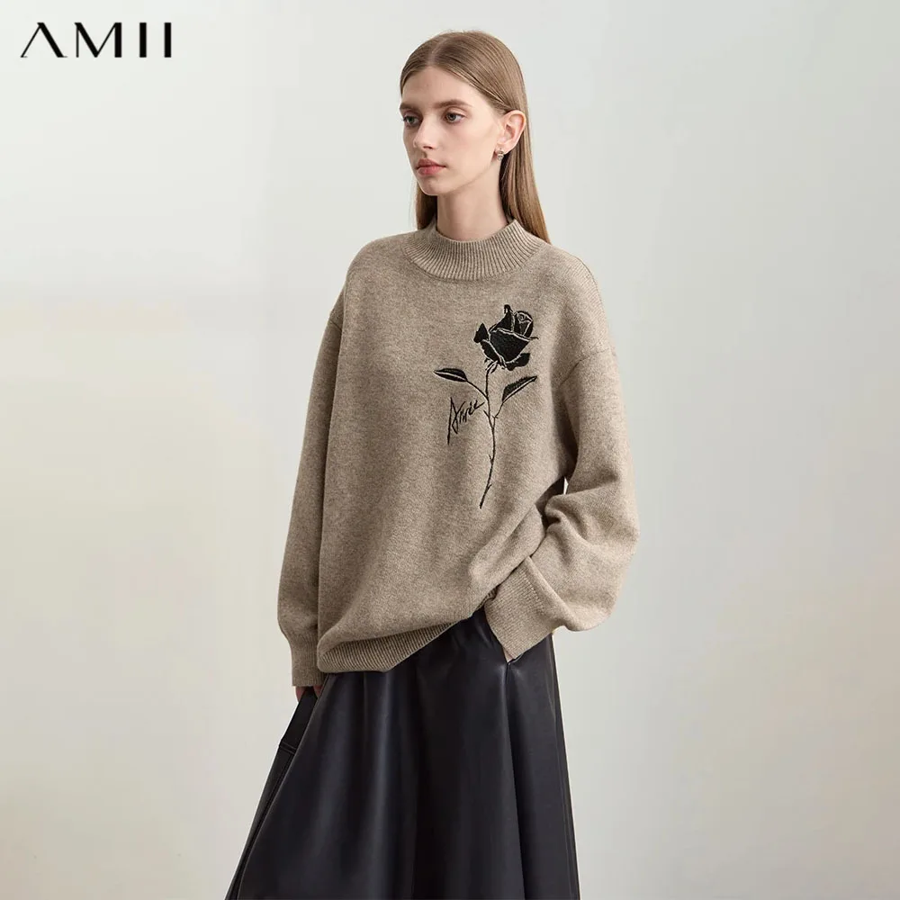 Amii Sweaters for Autumn Winter Women Clothing Cashmere Rose Embroidery Knit 2026 New Loose Long Sleeve Wool Sweater 12444269