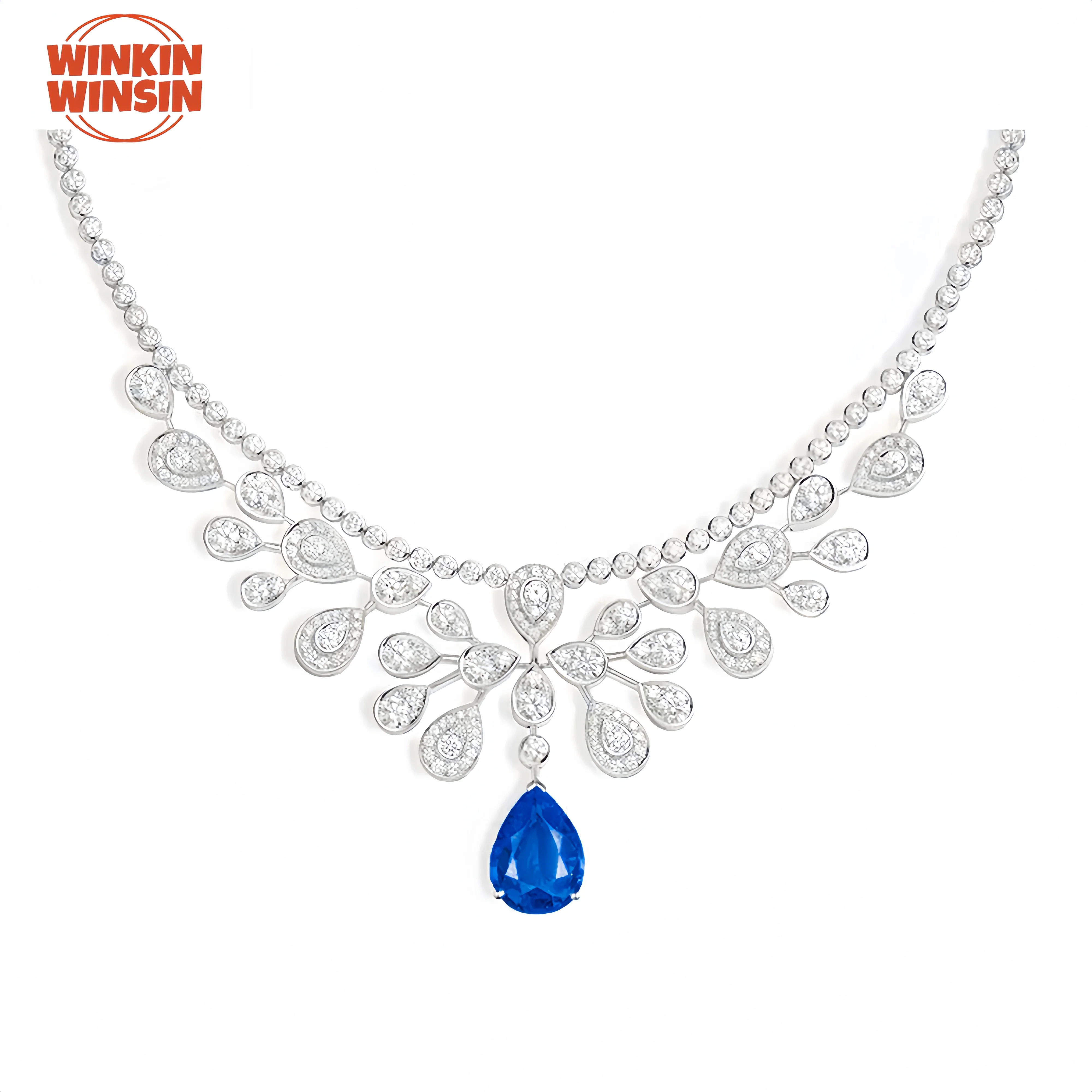 

Winkin Winsin Brand 925 Sterling Silver Gemstones Necklace Gilded Blue Water Drop shaped Banquet High Carbon Diamond Necklace
