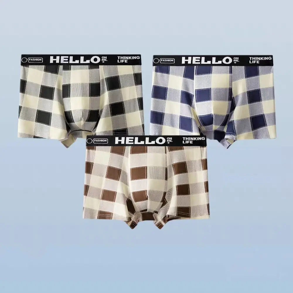 

5PCS Fashion Striped Grid Men Underwear Mid-Waist Plaid Boxer Shorts Male Lingerie Breathable Seamless Panties Four Seasons