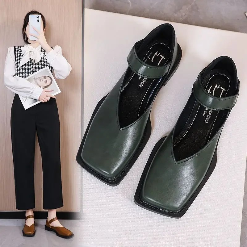 Office Ladies Footwear Low Heel Elegant Square Toe Heels Normal Leather Casual Women's Shoes Green 39 Young Popular Dress A E L