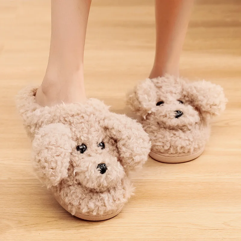 Pallene-Chinelos peludos antiderrapantes para mulheres, pele curta, peludo, sapatos de algodão, cão bonito, interior, casa, inverno, quente, casais, 2023