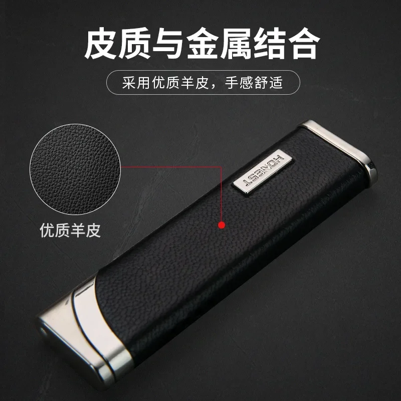 Baicheng Creative Ultra thin Windproof Lighter Boutique Retro Men\'s Metal Leather Inflatable Lighter Gift