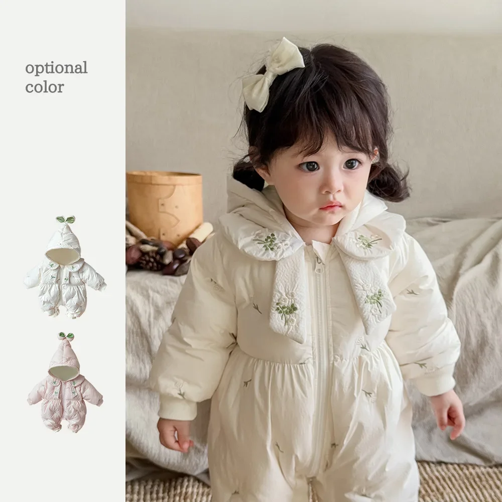 2023 Winter New in Infant Princess Style Outfits - Toddler Thick Quilted Embroidery Flower Zipper Jumpsuits , Baby Romper 0-3Y