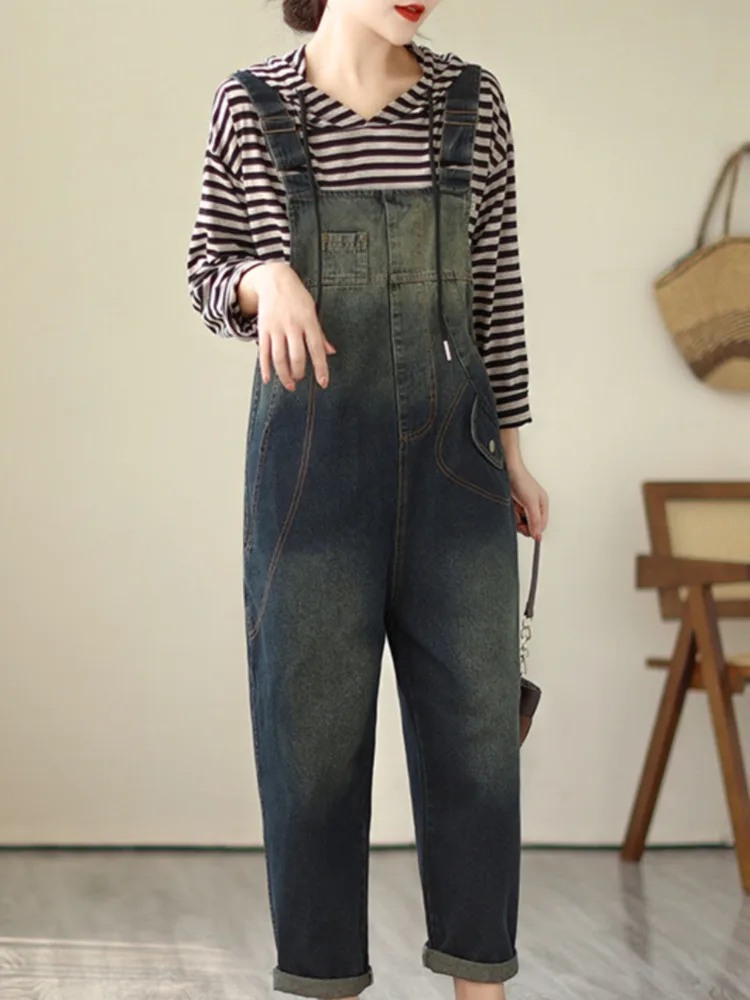 # 1469 ตรงDenim Overallsผู้หญิงหลวมVINTAGE Gradient Blue DENIM Jumpsuits Rompersหญิงฤดูใบไม้ผลิฤดูใบไม้ร่วง