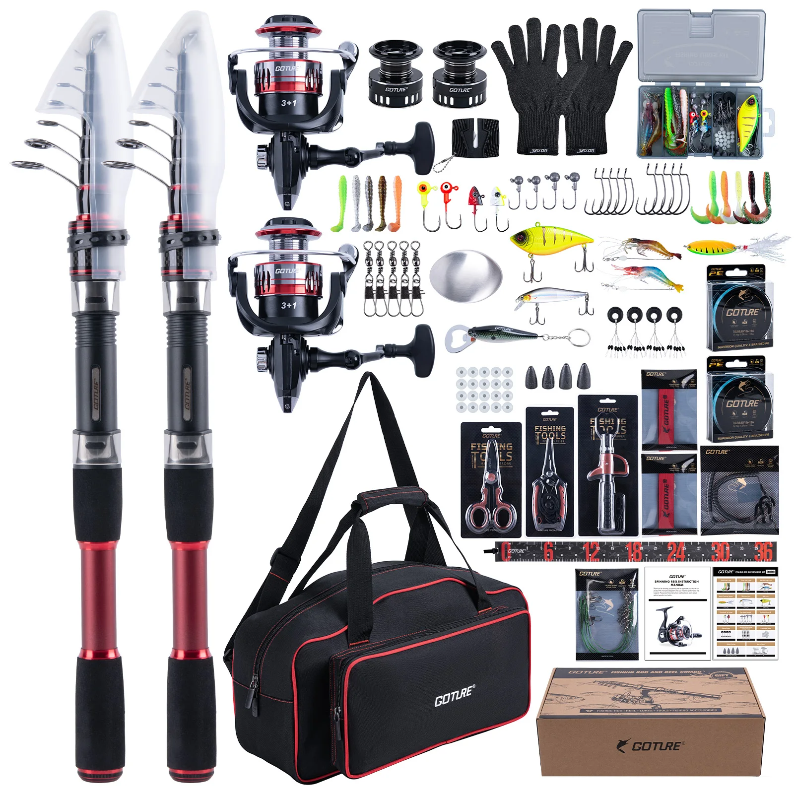 Goture 2Pcs Telescopic Fishing Rod & 2 Spinning Reel Combo Full Tackle Kit with Bag, Lures, Tools, Gloves Tackle Set