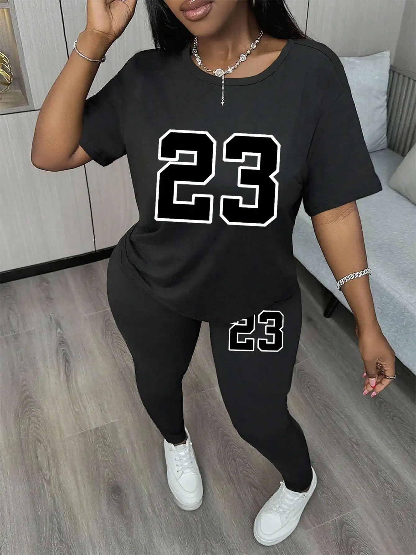 Damen-Set mit rosa T-Shirt und Leggings mit Nummer 23-Aufdruck, lässiges, sportliches zweiteiliges Outfit für Frühling und Sommer