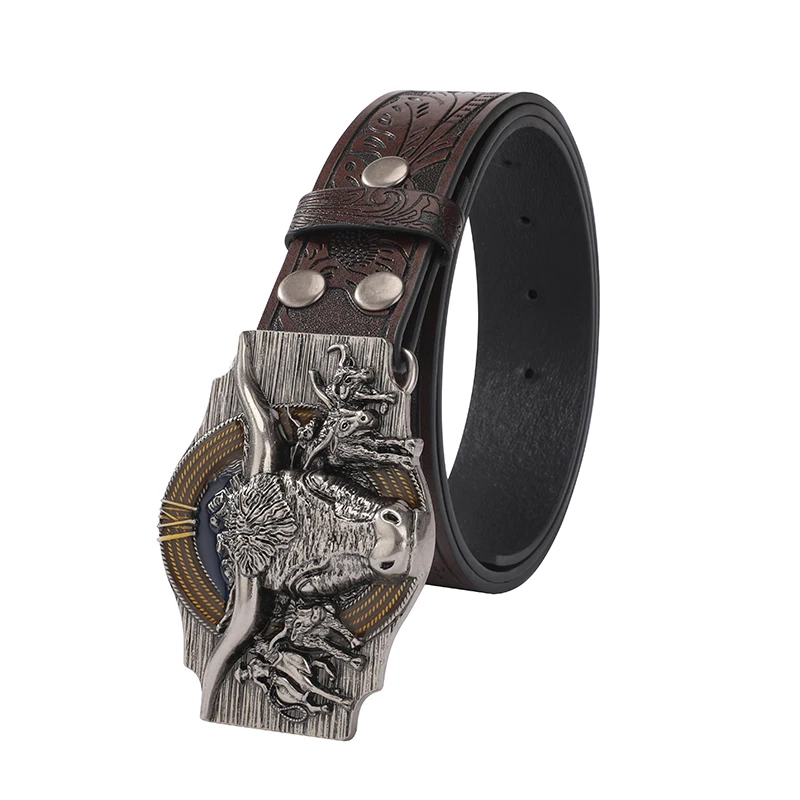 Men & Women-Western-Cowboy-PU Leather-Belts - Vintage Bull Belt Floral Engraved Buckle Belt for Jeans