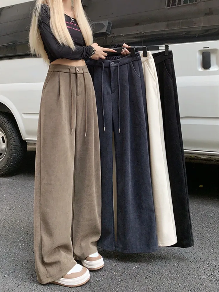 

Grey Drawstring Suit Pants Women Spring And Autumn 2023 New High Waist Sagging Wide Leg Pants For Casual Versatile