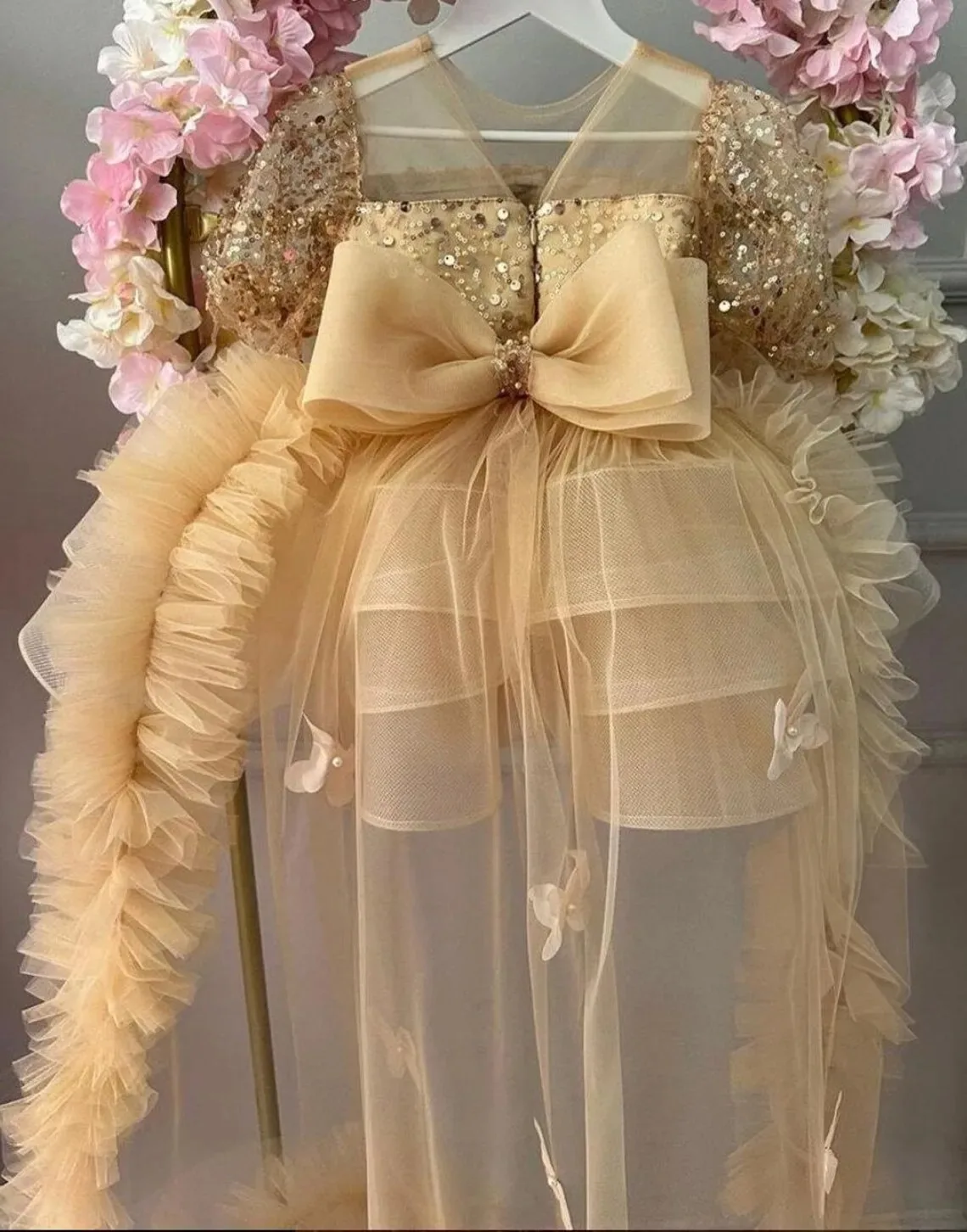 

Customized Champagne Flower Girl Dresses for Wedding Bow High-Low Kids Birthday Dresses Princess Party First Communion Gowns