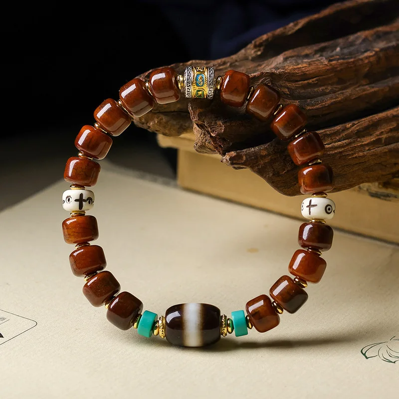 Tibetan Yak Bone with First-Line Dzi Beads and Deer Antler Spacers, Ethnic Style Bracelet