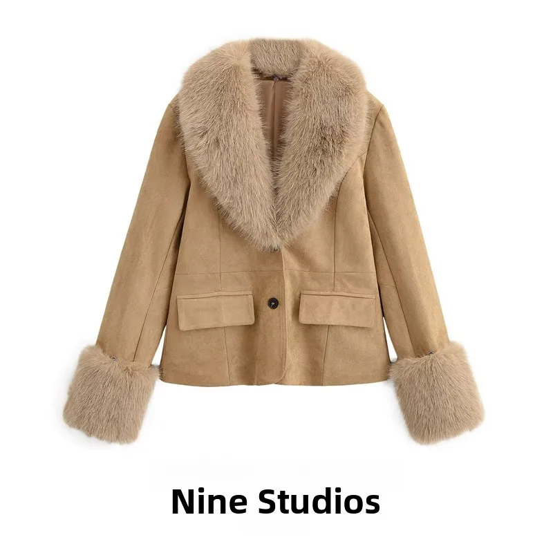 

Женский повседневный пиджак из замши с отстегивающимся меховым воротником, свободного кроя, с длинными рукавами, из полиэстера, в европейском стиле, модная верхняя одежда