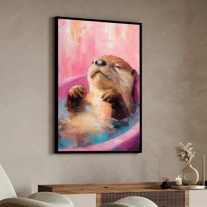1pc frameless Canvas Painting 1pc frameless Canvas Painting Cute Otter Drink Cocktail Eating Pizza Canvas Painting Print Animal