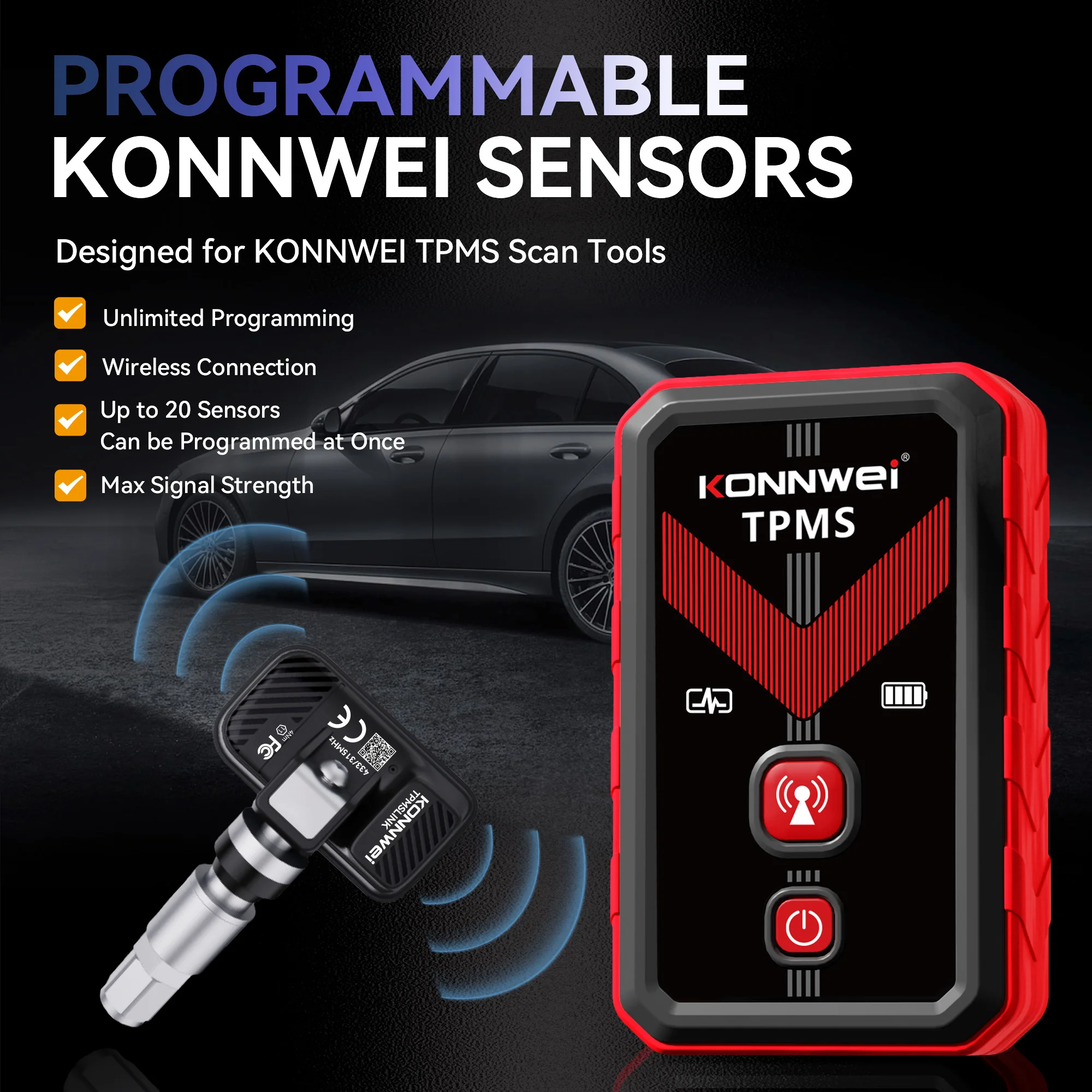 2026 KONNWEI Car Tire TPMS Sensor 433/315MHz Dual-channel Wireless Programing OBD Relearn Tool CELL Tire Pressure Monitor System view 6