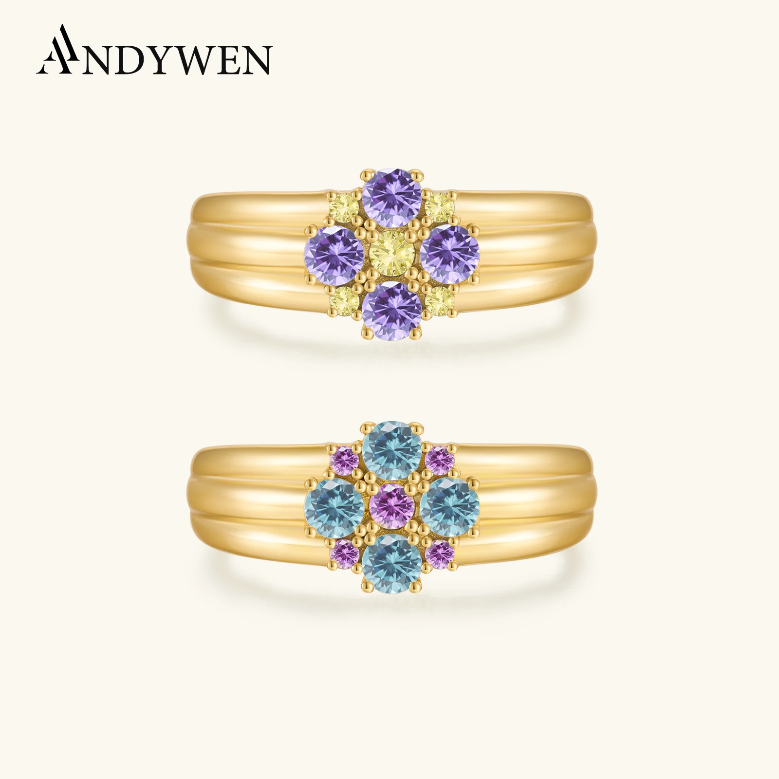ANDYWEN 925 Sterling Silver Gold Flower Zircon Purple Blue Lighter Ring Resizable Women Fine Jewelry New 2023 Prezent ślubny