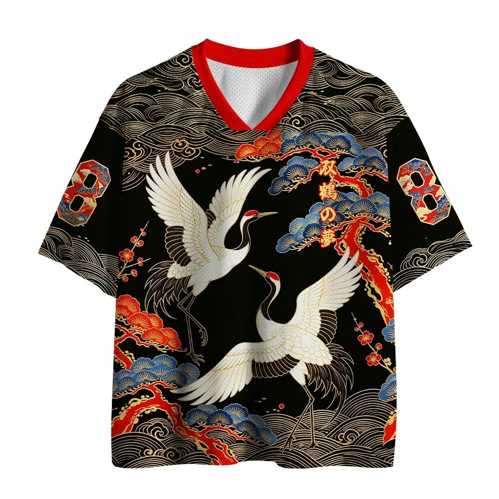 2026 Summer Fashion New Japanese Crane Xiangyun 3D Printed Loose Street Punk Outdoor Leisure Fitness V-neck T-shirt Large
