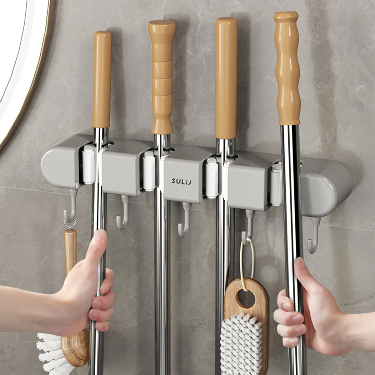 1/2/3PCS Broom Mop Holder with Hooks Wall Mounted Broom Storage Rack No Drilling Mop Broom Organizer Multi-Purpose Strong Hooks