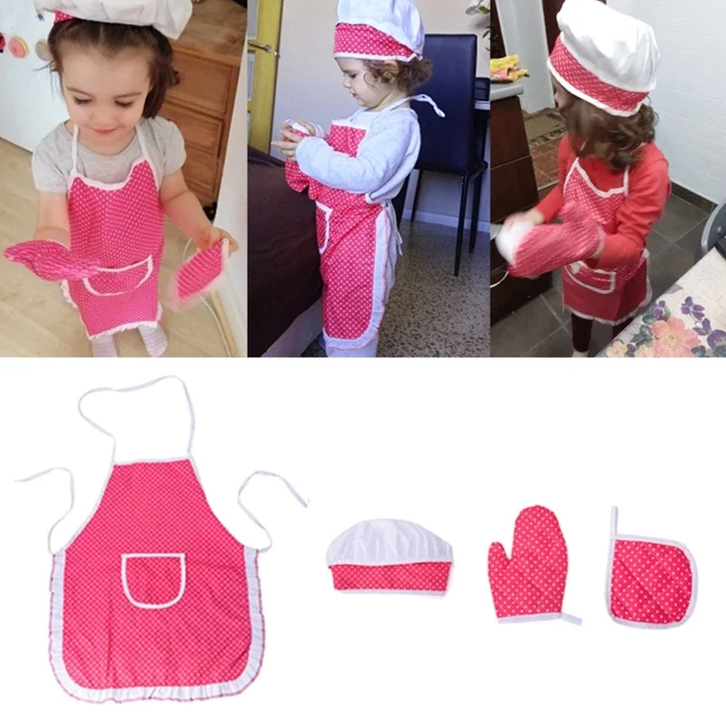 Child Cooking Apron Chef's Hat Baking Gloves Set Toddler Kiddie Pretend Role Play Game Costume Pink Plaid Dress Up Suit