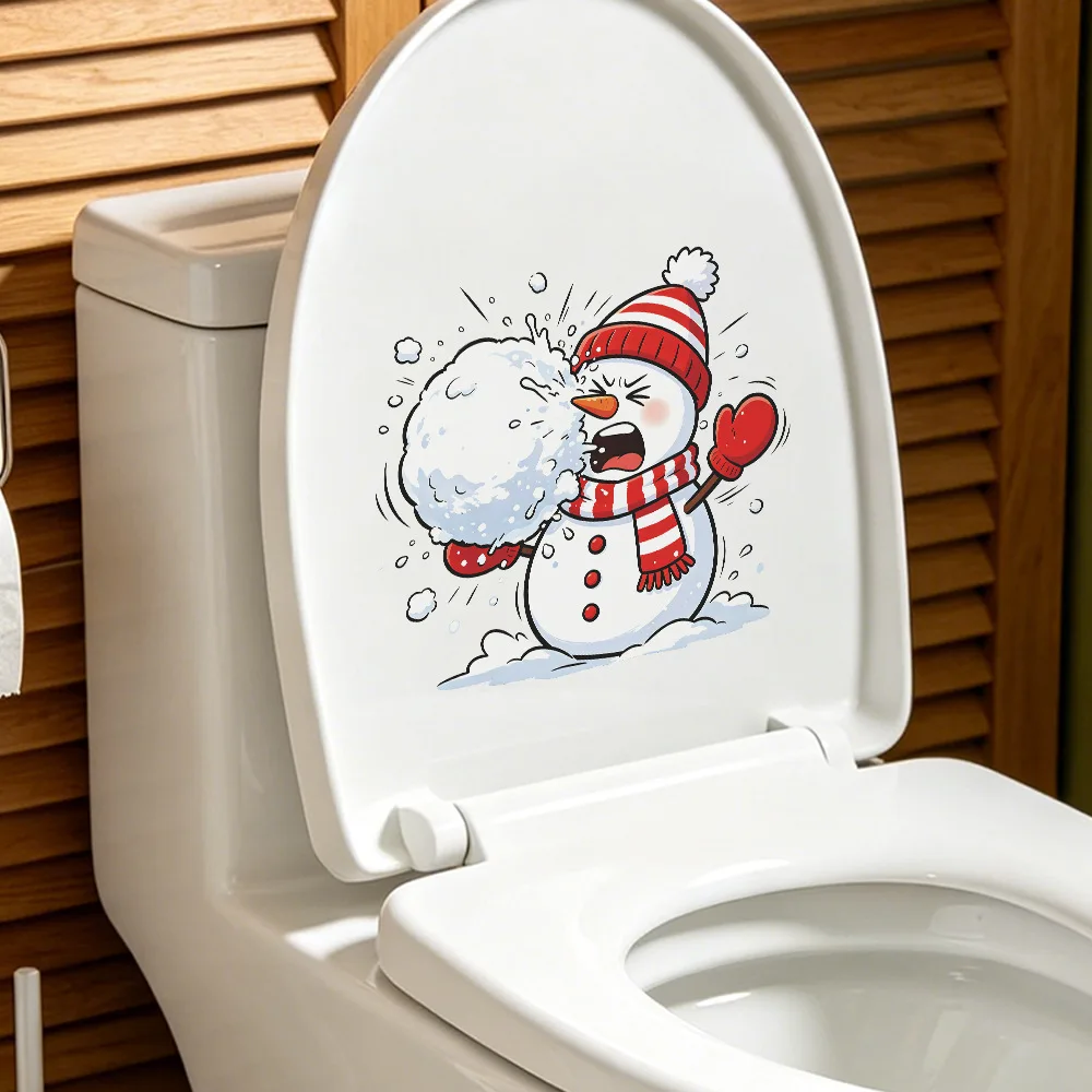 Funny Snowball‑Fighting Snowman Christmas Toilet Sticker, Self‑Adhesive Bathroom Restroom Decor Decal Xmas Festive WC Ornament