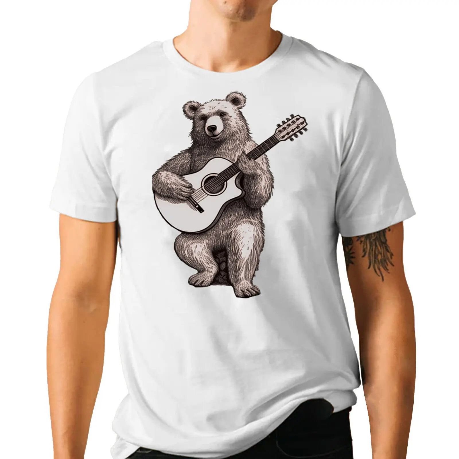 Funny Bear T-shirt - Bear Playing Guitar Music Lovers Novelty Graphic Tee Shirt