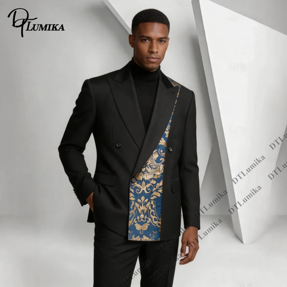 Made To Measure Men Suit 2 Pieces Black Blazer Pants Unique Pattern Lapel Double Breasted Jacket Wedding Guest Party Prom Tuxedo