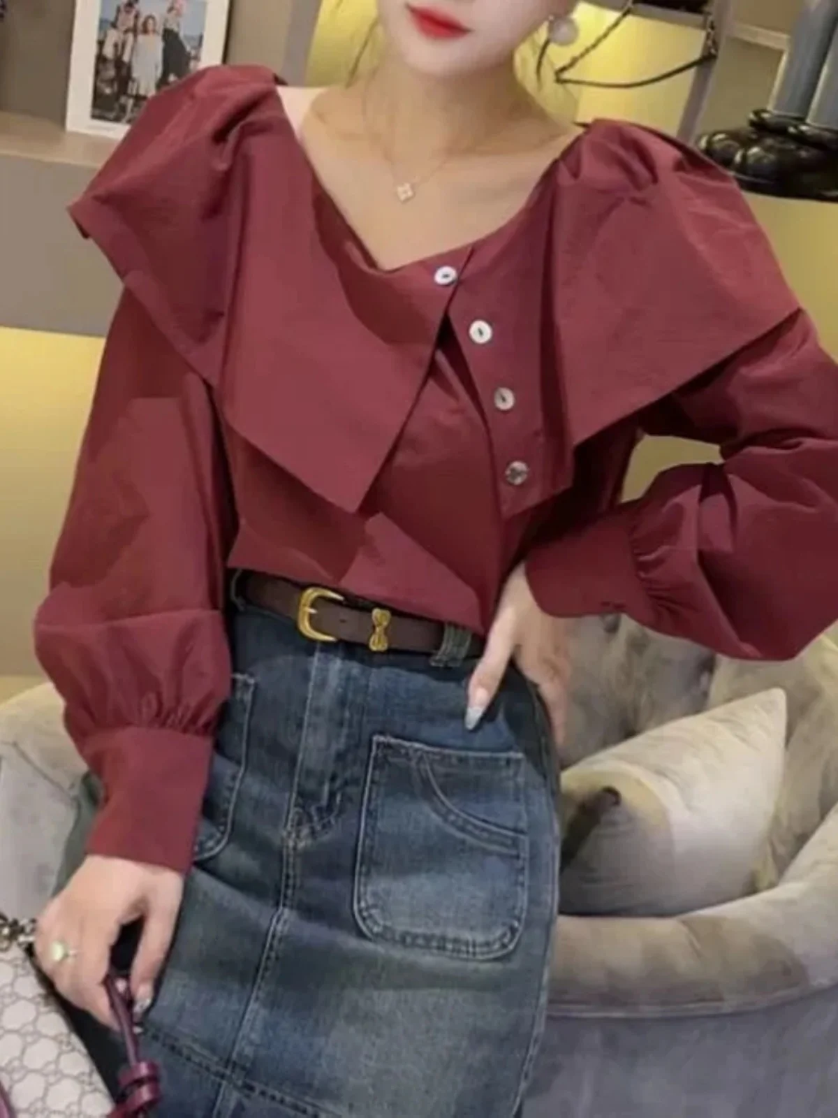 

Милый кукольный воротник, базовый слой, топ, женский модный корейский сле, длинный свеч, удобный цвет, подходит для поездок на работу