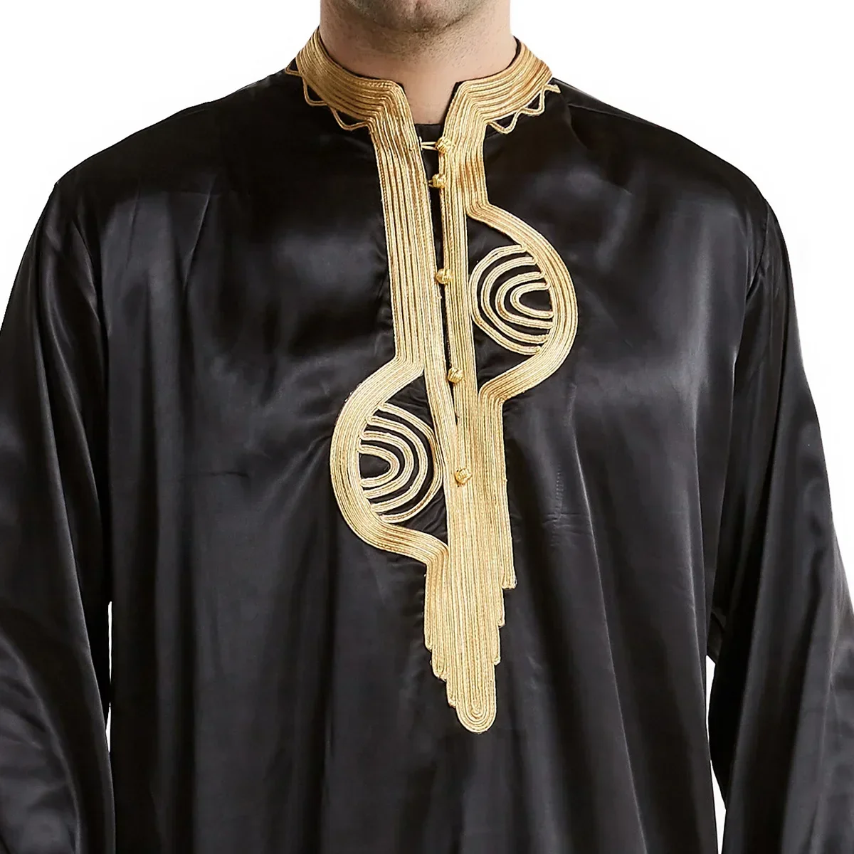 Uomini musulmani Dubai Arabia Ricamo Abbigliamento Caftano Vestaglie Maniche lunghe Colletto alla coreana Eid Jubba Thobe Abito arabo Islam Medio Oriente