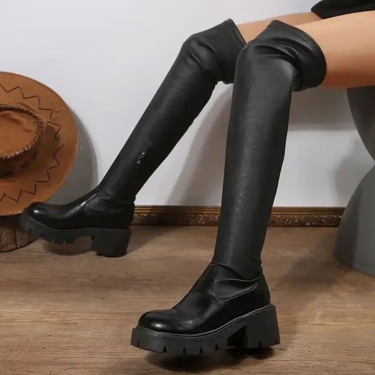2026 Neue Overknee-Stiefel für Damen, Weiches Kunstleder, Seitenreißverschluss, Runde Zehenpartie, Damen-Alltagsstiefel mit Plateau und dicker Sohle, Lange Stiefel – Detail 2