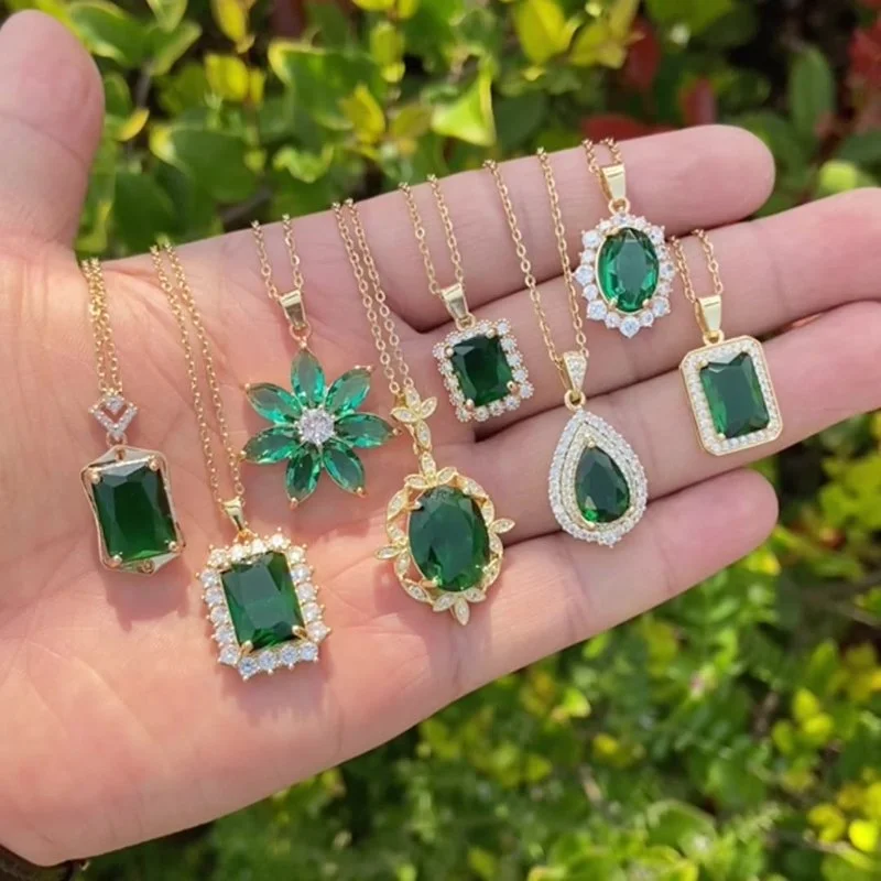 Elegant Necklace Emerald Zircon Water Drop Square Pendant Necklaces for Women Clavicle Chain Choker 2022 Trend Aesthetic Jewelry