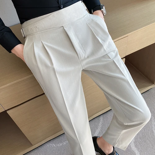 Imagen 2 del producto Pantalones de vestir informales de cintura alta para hombre de estilo británico, pantalones ajustados con diseño de cinturón para hombre, pantalones formales para oficina, vestido de fiesta de boda Social, pantalones de traje