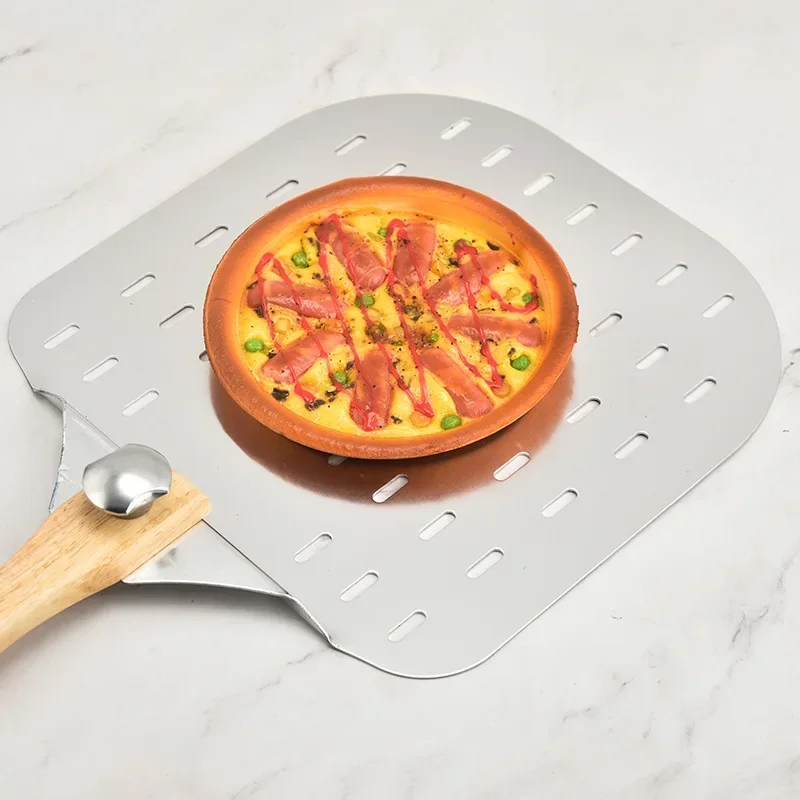Detachable Pizza Spatula Perforated Lightweight Aluminum Shovel with Rubber Wood Handle Baking Transfer Tool for Pizza Lovers