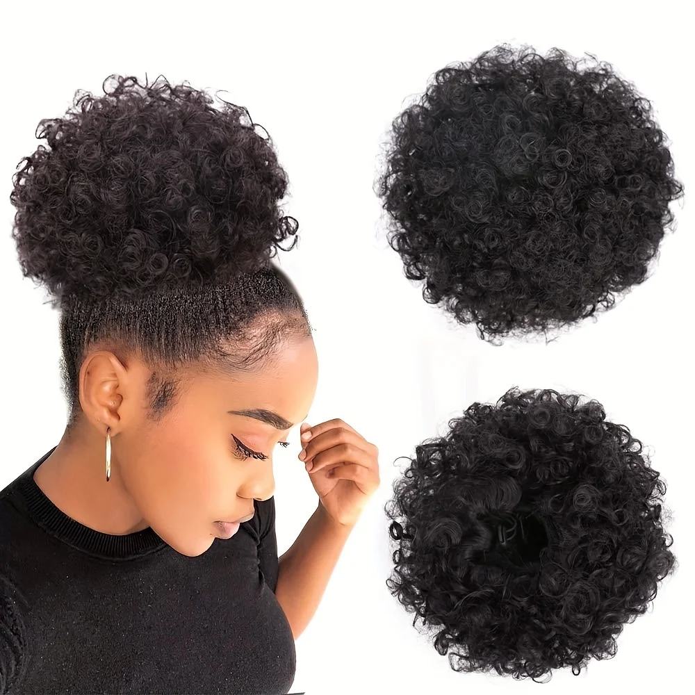 Ekstensi ekor kuda dengan tali pengikat Afro Puff untuk wanita warna hitam, hitam, 1B #80gram sintetis pendek ekor kuda dengan wig Afro untuk rambut alami