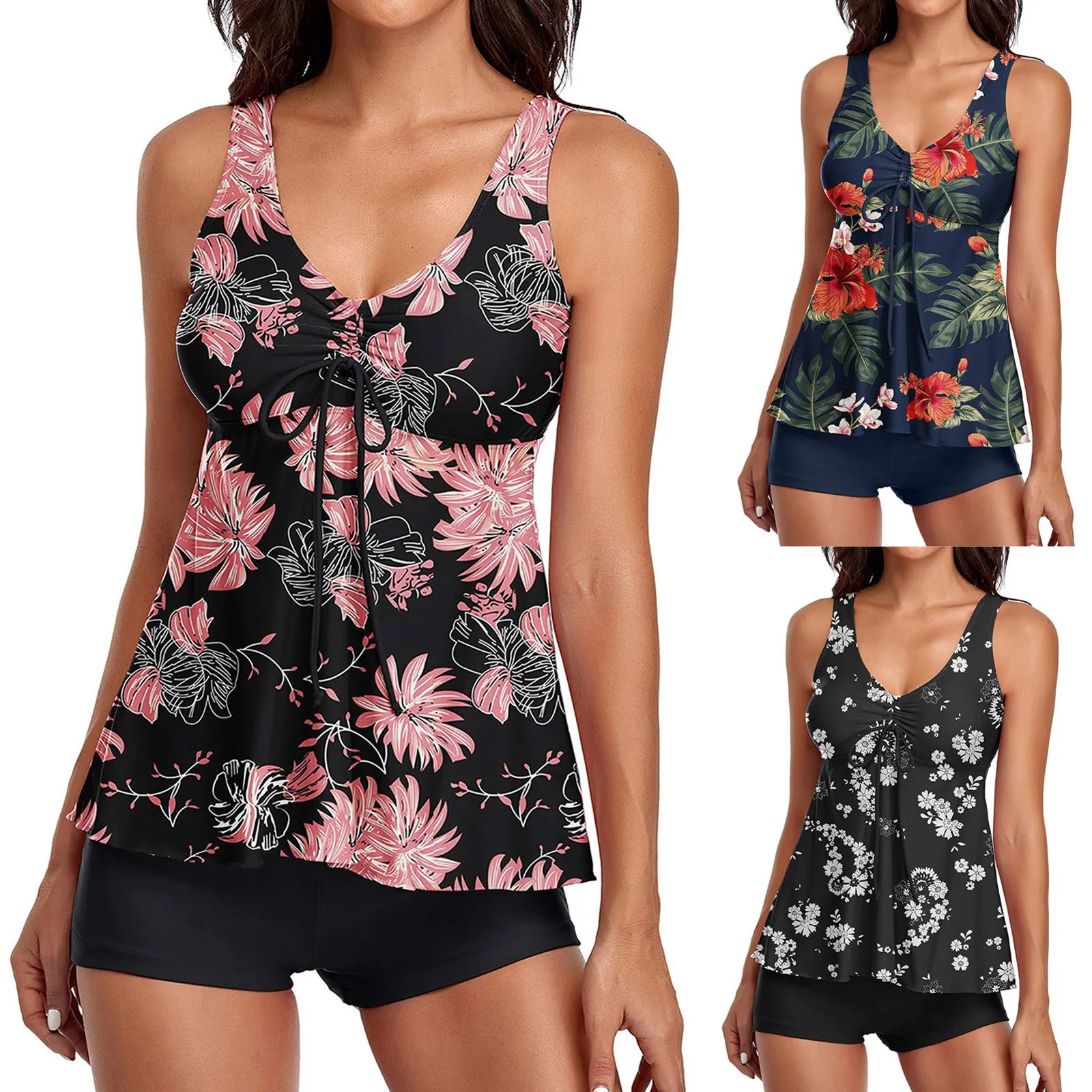 

Swimwear Set 2025 Floral Print High Neck Bikini with Skirt Cover Ups Conservative Two-Piece Bathing Suits Tank Top Swim Clothes
