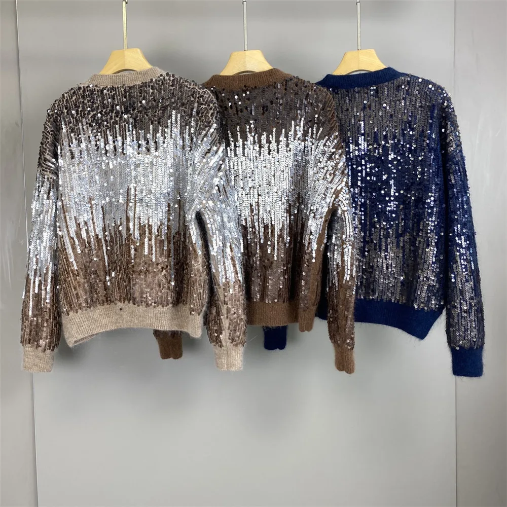 25 الخريف والشتاء جديد الراقية الجودة الصناعة الثقيلة التدرج الترتر الحصان الصوف مزيج بلوزة كاجوال