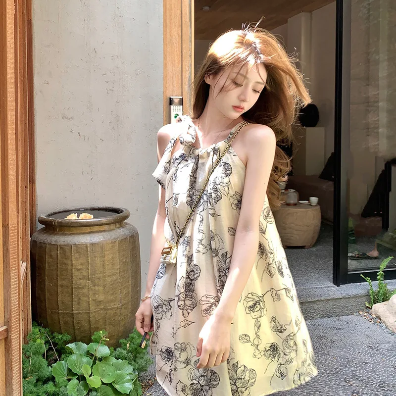 New Chinese Style Seaside Resort Short Skirt Summer Halter Suspender Floral Dress Women's Pullover Loose Sleeveless Thin Dresses