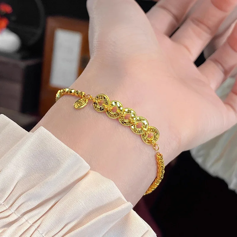 Luxury 24K 9999 Pure Gold real gold Crushed Ice Five Emperor Qian Nafu Bracelet Exquisite Women's Transfer Bead Bracelet