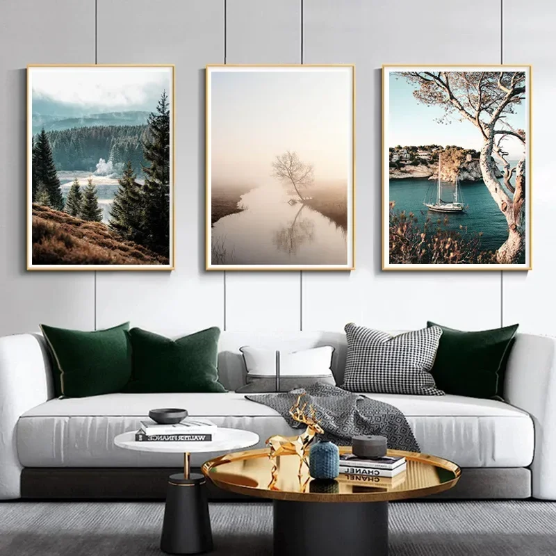 Landscape Canvas Painting Bridge Boat Green Lake Mountains Posters Wall Art Aesthetics Print Canvas Painting for Home Decor