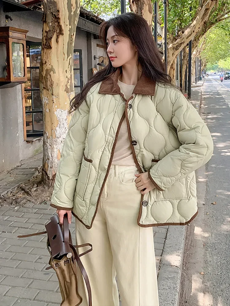 Vielleicht 2024 New Korea Winter Clothes Women Puffer Jacket Coat Short Parkas Spliced Corduroy Lapel Down Cotton Padded Outwear