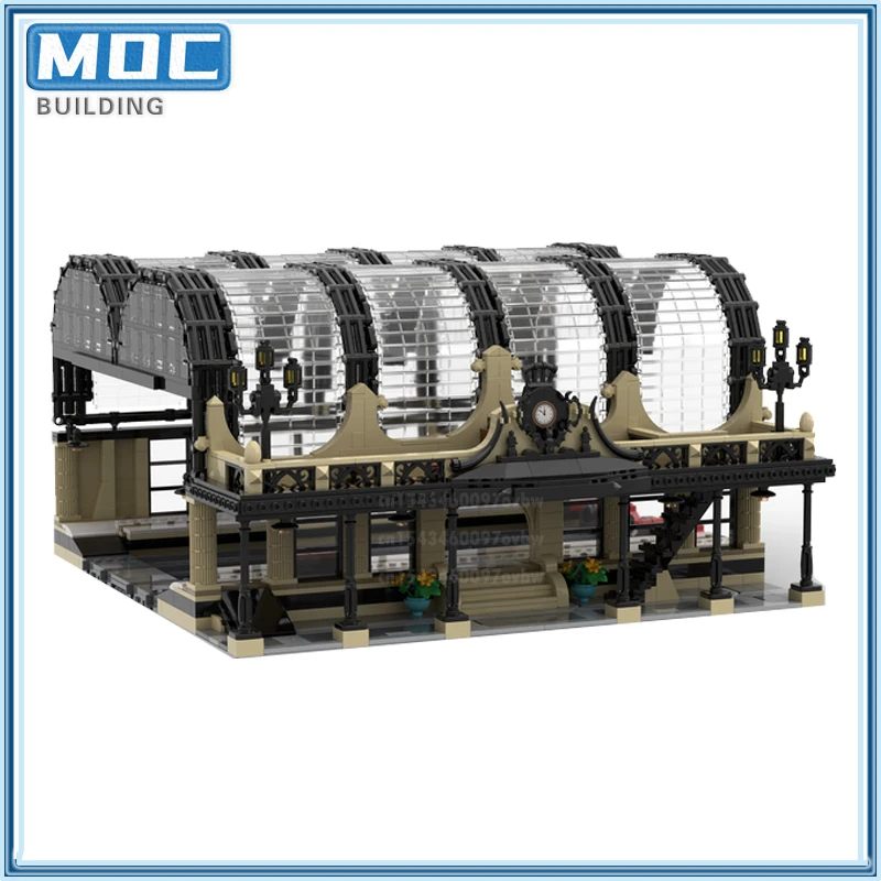 Granded Studgated Station MOC Building Blocks City Train Architecture Model DIY Assembly Technology Bricks Collection Gift Toys