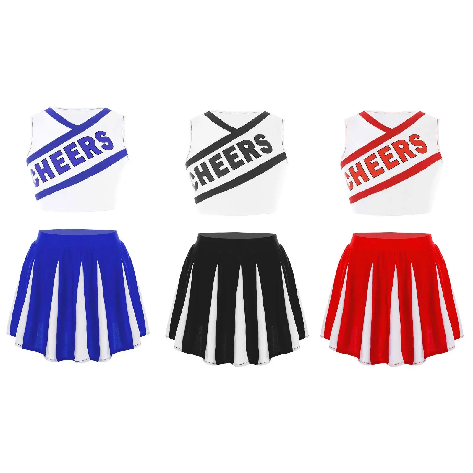 2Pcs Kids Girls Cheer Uniform Cheerleader Dance Costume senza maniche scollo a V stampa lettera Crop Top con set di gonne di colore a contrasto