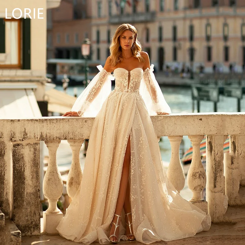 

LORIE A-line Tulle Princess Lace Appliques Sexy Wedding Dress Sweetheart Side Split Wedding Gowns Backless Bride Gown Customized