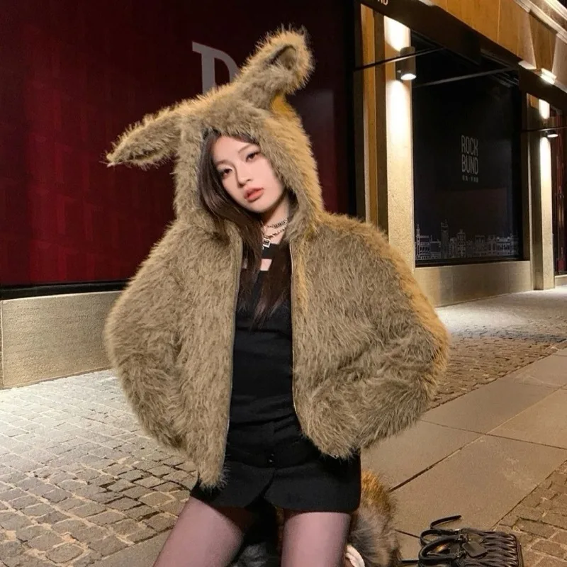 귀여운 토끼 귀 모피 짧은 후드 자켓 여성 겨울 다목적 지퍼 느슨한 두꺼운 게으른 스타일 캐주얼 코트 여성 의류